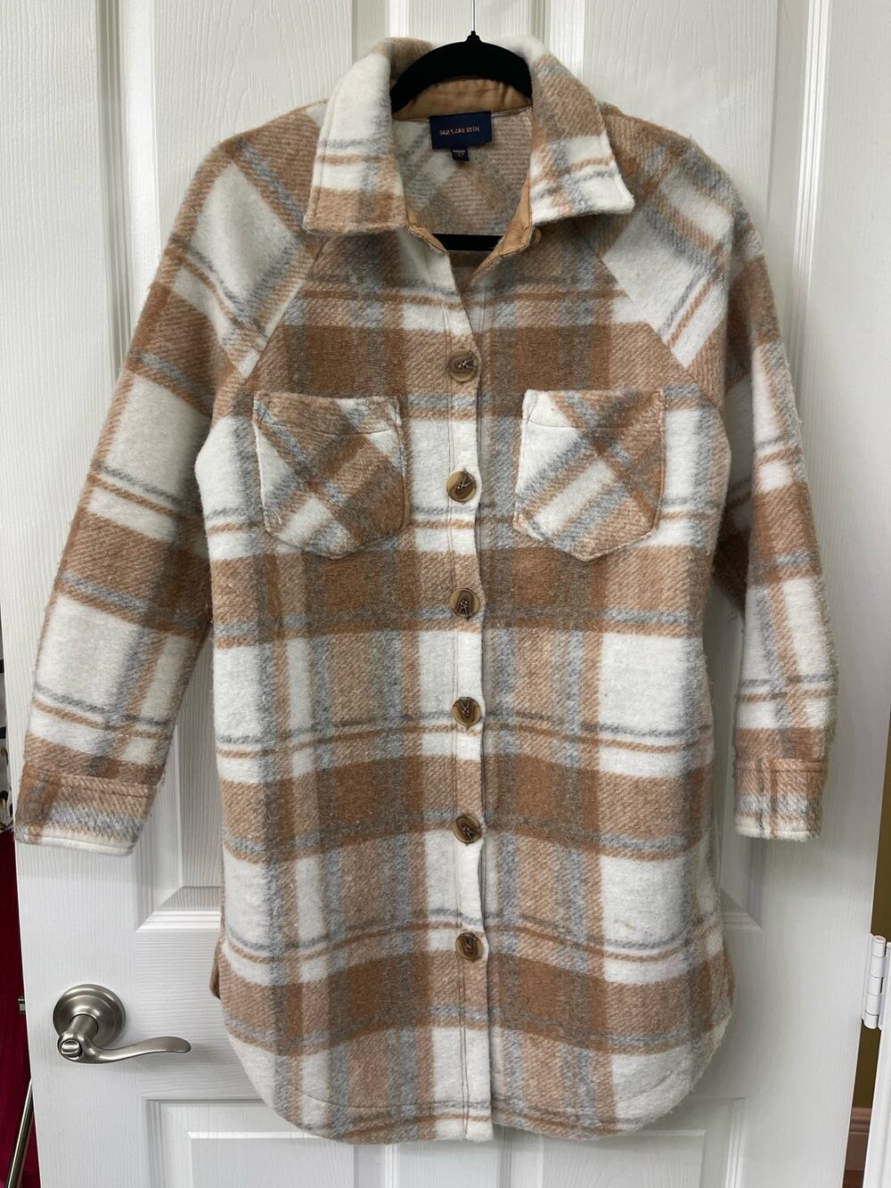 Skies are Blue XS long sleeve shacket Anthropologie fleece plaid Carmel brown